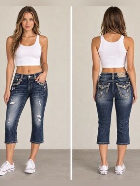Miss Me Easy Crop Distressed Denim Capri Jeans JE5846EC3 Bling Flap Pocket